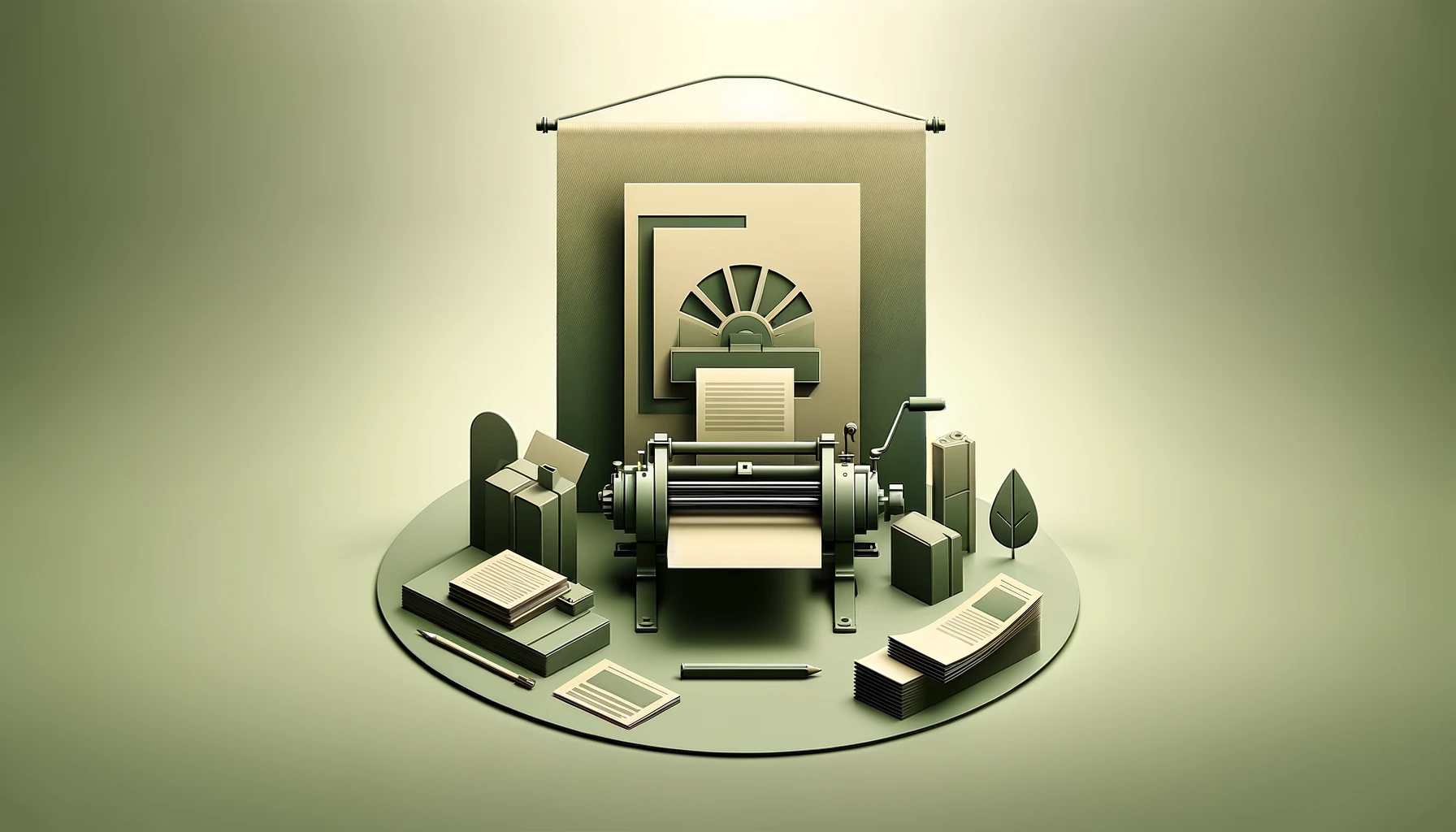 DALL·E 2024 04 09 15.57.11 Design a clean and minimalistic banner image focused on the theme of print marketing. The image should primarily feature the color khaki green embody